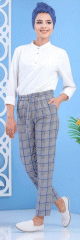 Pantalon a carreaux avec plis pour femme - Couleur Bleu