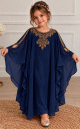 Robe de Cérémonie Fille en Mousseline Brodées Dorées & Manches Papillon - Modèle Princess - Bleu Nuit